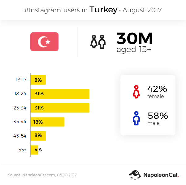 Instagram user demographics in Turkey - August 2017