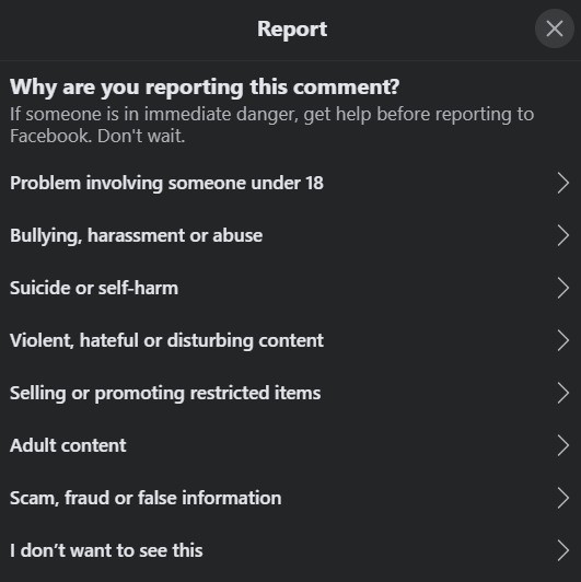 How To Deal With Negative Comments On Facebook - reporting a comment on FB