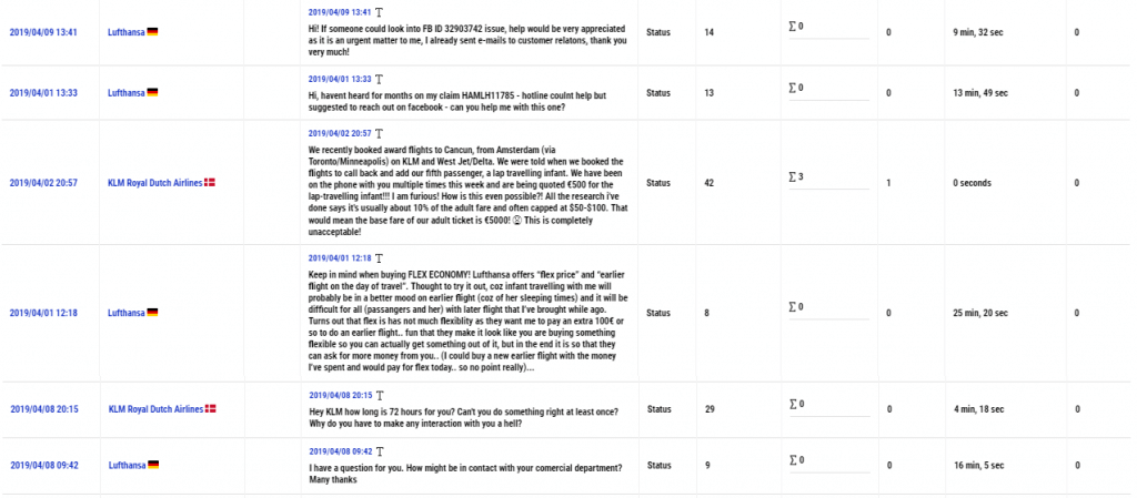 comparisons analytics airlines set messages from users