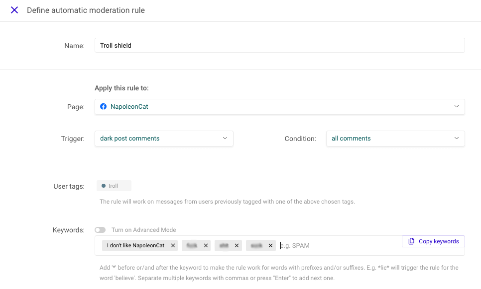 Facebook ad comment moderation - rule creation in NapoleonCat