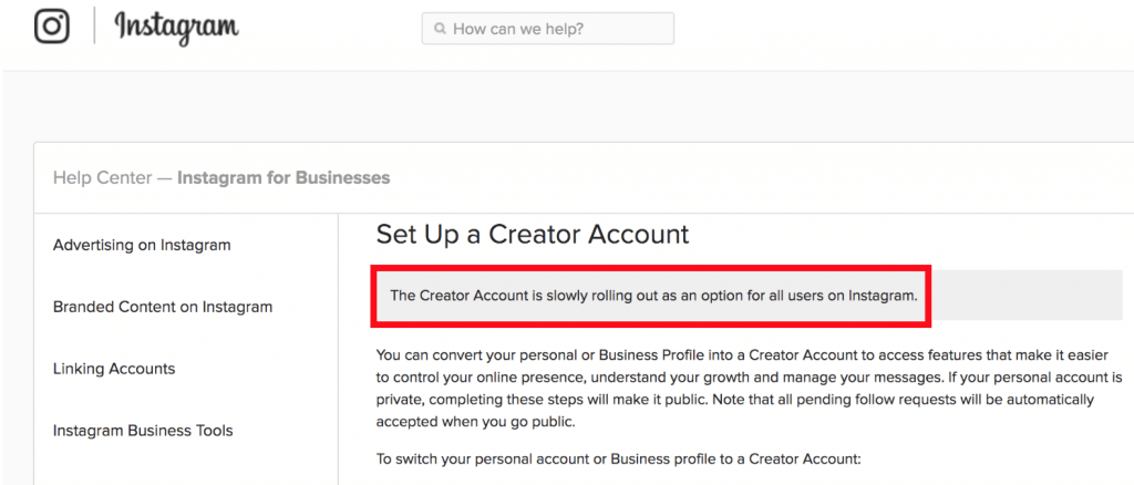 Instagram Creator Account rollout