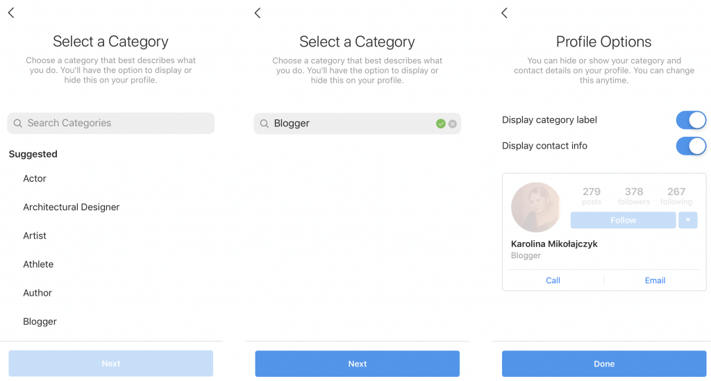 Instagram Creator Account - select profile category