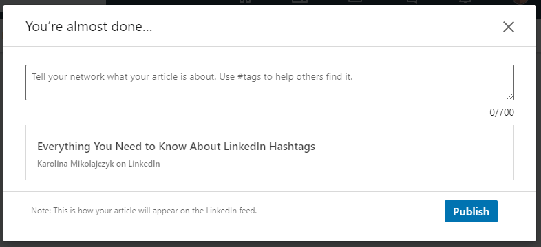 Adding hashtags to a LinkedIn article