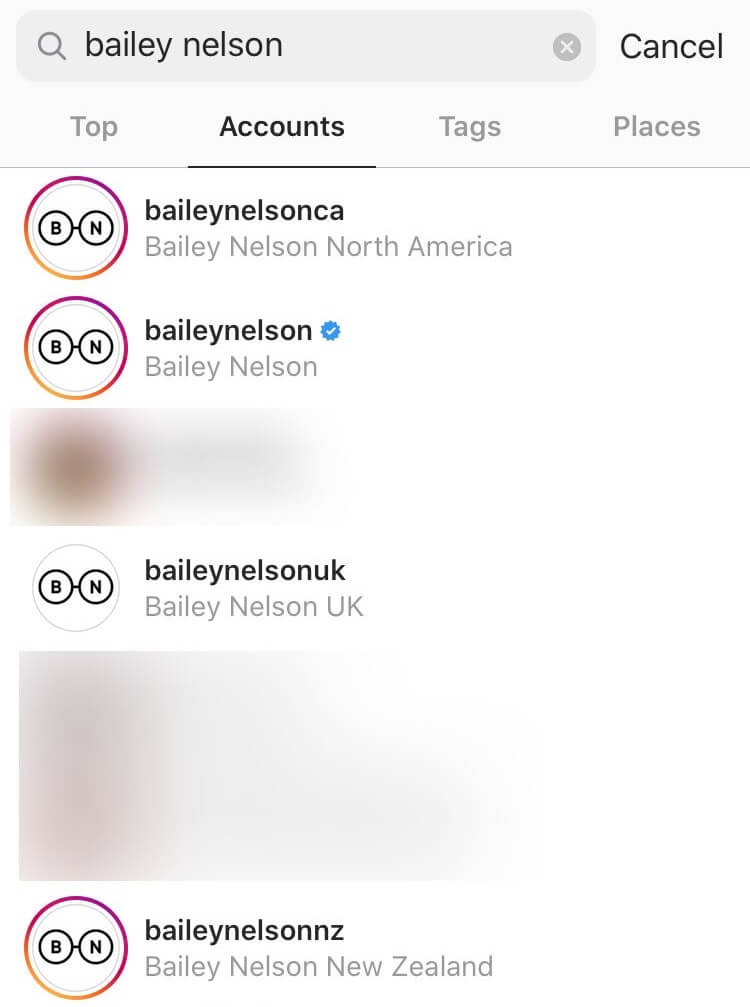 Instagram search results