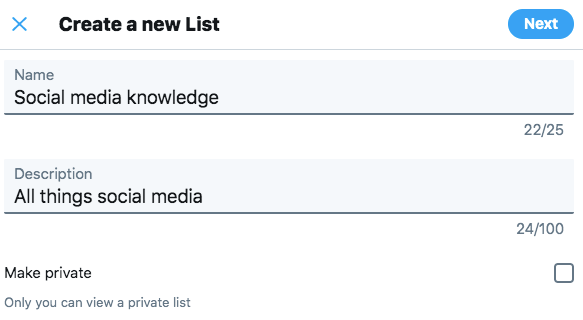 Create a new list on Twitter