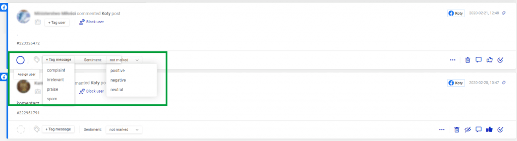 Tagging sentiment in NapoleonCat's Social Inbox