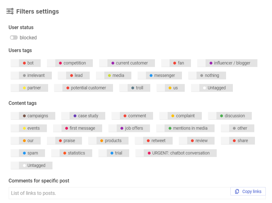 Social Inbox filter settings