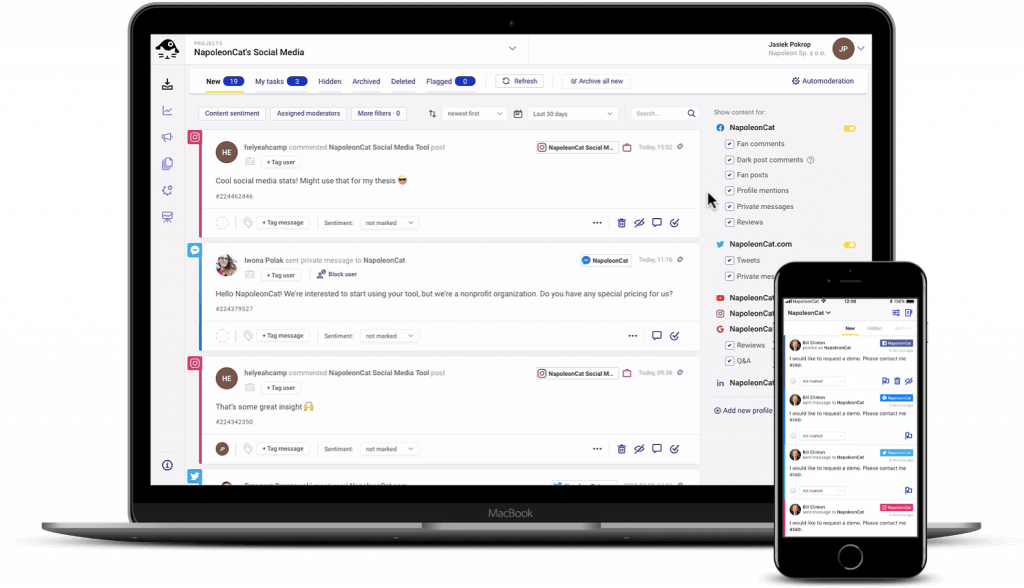 NapoleonCat's social media inbox on desktop and mobile app. There are comments and messages from different social platforms in the "New" tab.