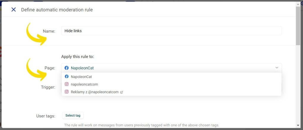 name auto-moderation rule NapoleonCat - hiding comments on Facebook