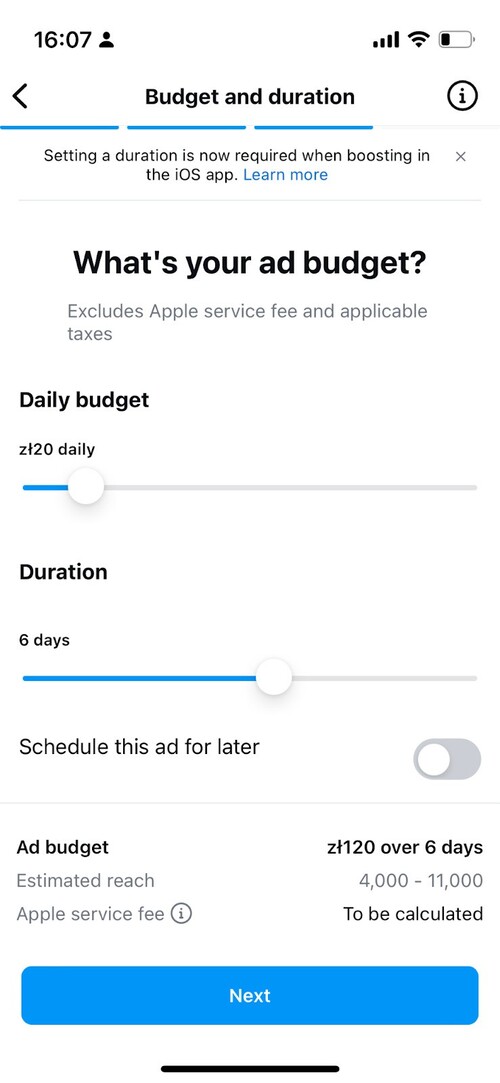 Instagram Ads - ad budget settings