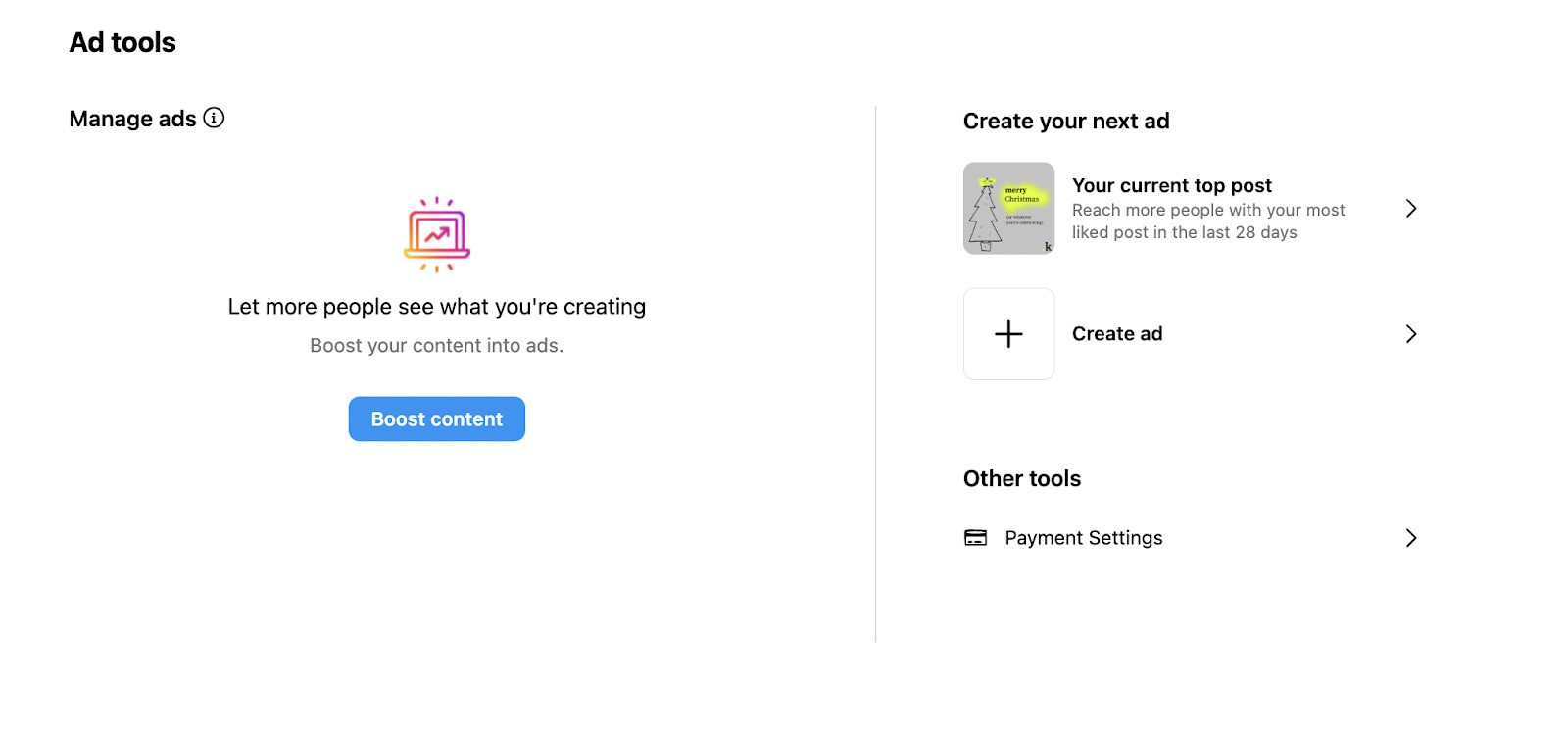 Instagram Ads - add tools section