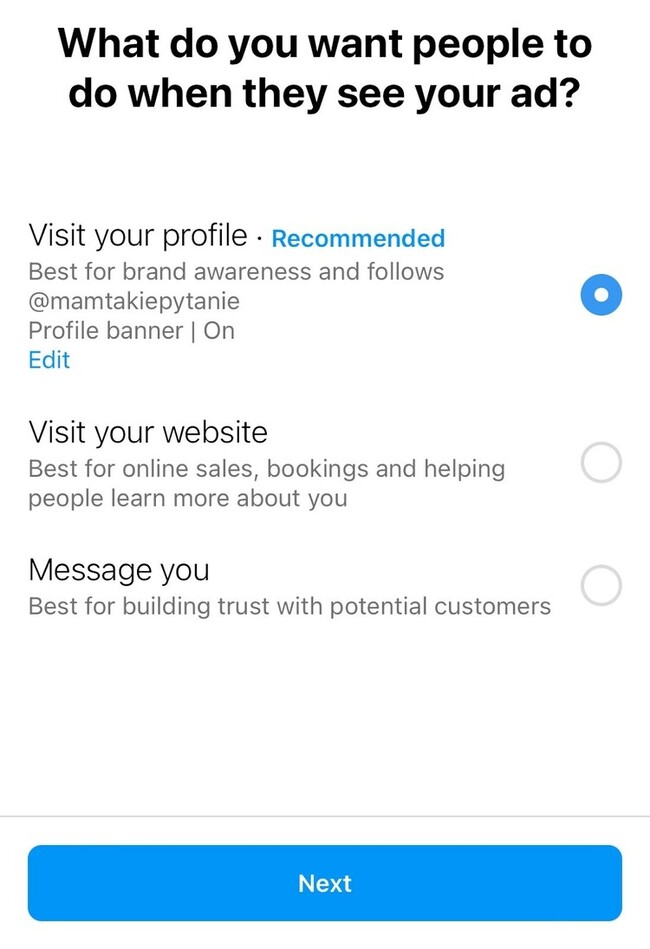 Instagram Ads - selecting a goal for an ad