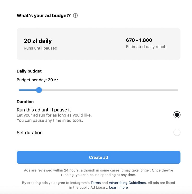 Instagram Ads - setting up an ad budget