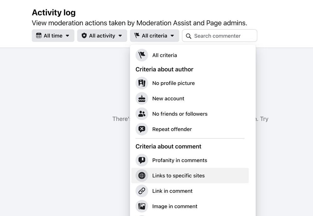 facebook automoderation - activity log options tab