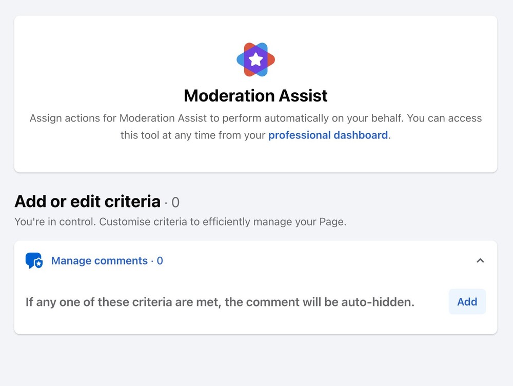 facebook automoderation - adding criteria to Meta moderation assist