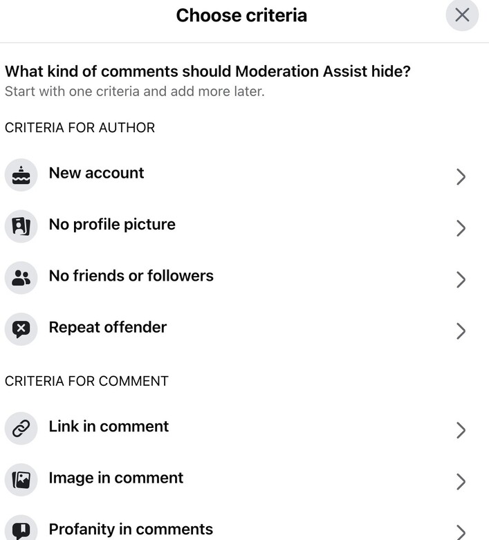 facebook automoderation - selecting criteria to Meta moderation assist