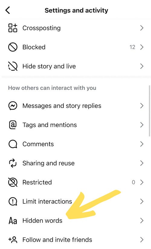 Instagram Automoderation - hidden words option in Instagram settings