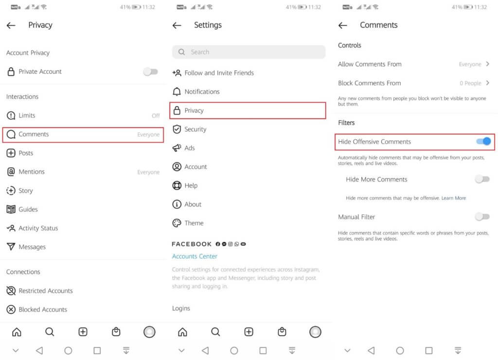 How to block comments on Instagram containing offensive comments