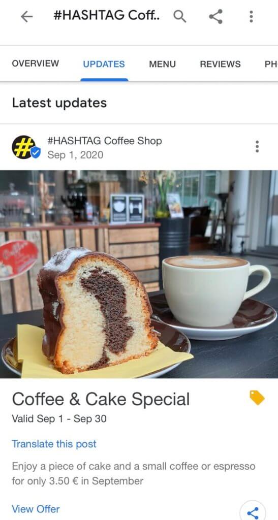 How to post on Google My Business - coffe & cake special