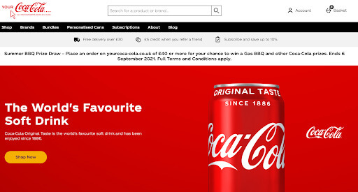 Coca-Cola webpage in their brand colors