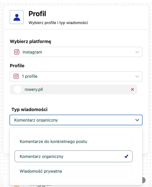 Automatyczne komentarze na Instagramie - wybieranie typu wiadomości w Auto-moderacji NapoleonCat