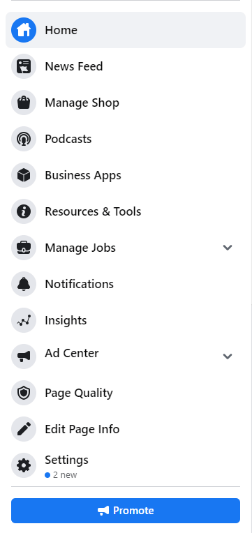 How to set up a new facebook page for business - manage page menu
