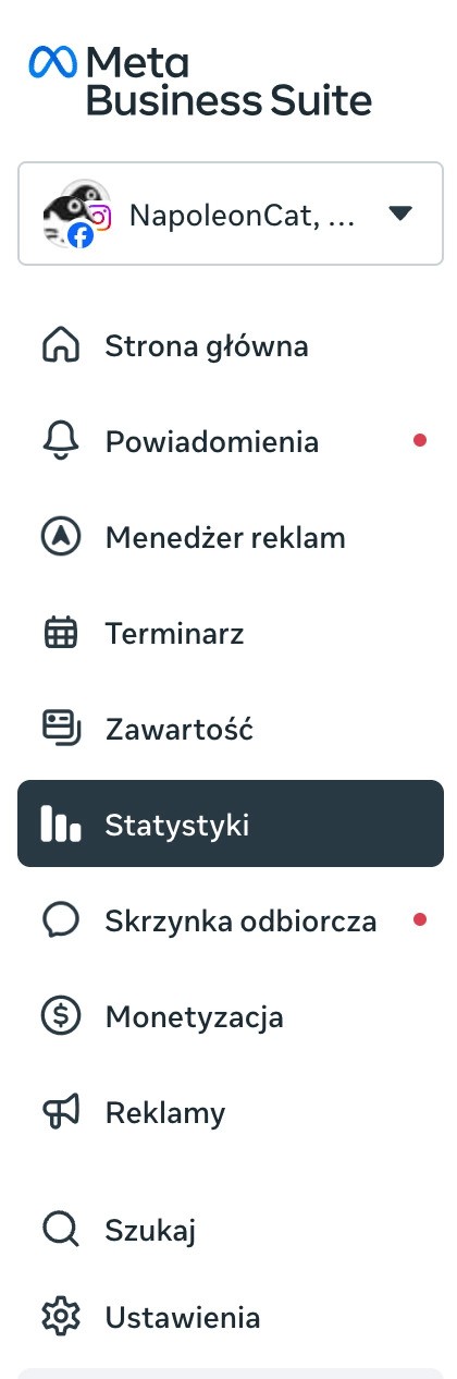 Fragment menu narzędzie Meta Business Suite.