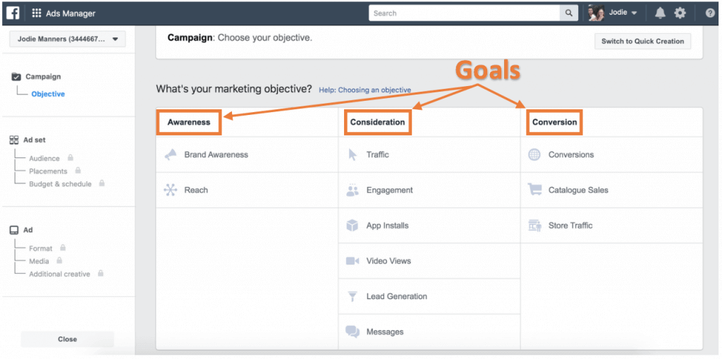 Facebook campaign structure - campaign goals