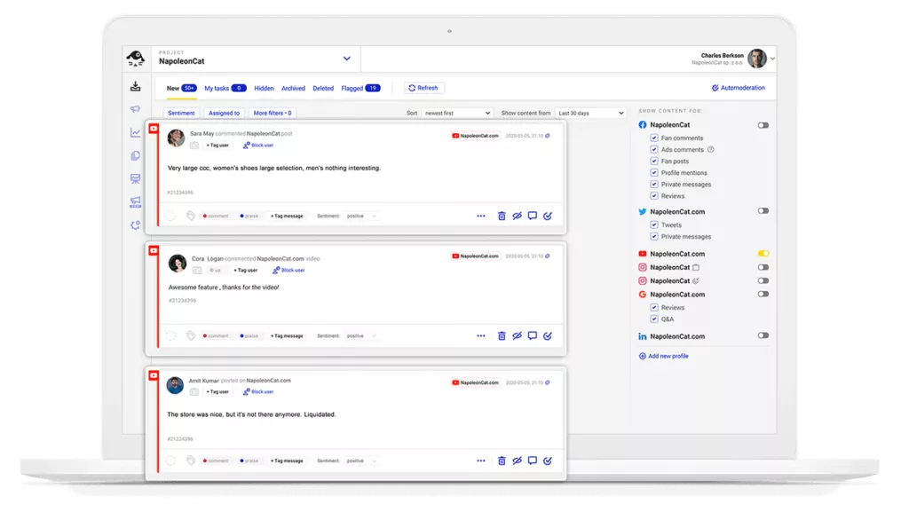 YouTube comments visible in the Social Inbox