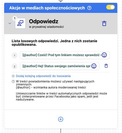 Sekcja "Akcje w mediach społecznościowych" w Auto-moderacji NapoleonCat.