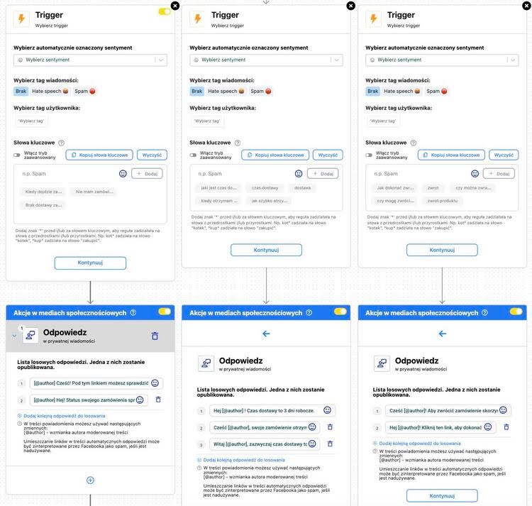 Różne automatyczne scenariusze dla chatbota w Messengerze.
