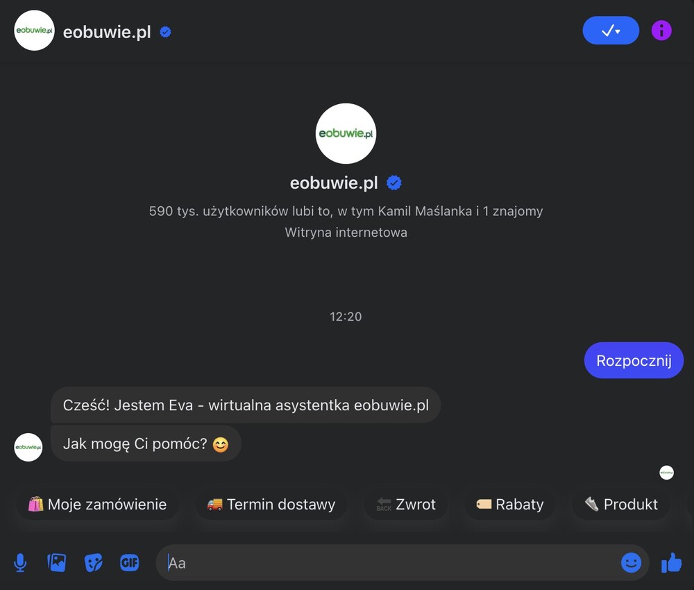 Chatbot w Messengerze firmy eobuwie.