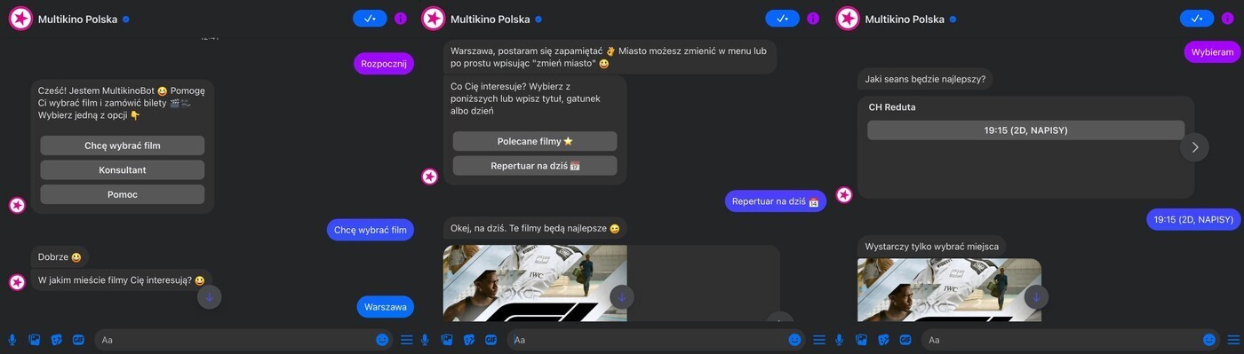 Chatbot firmy Multikino - ścieżka zakupowa biletu do kina w Messengerze.