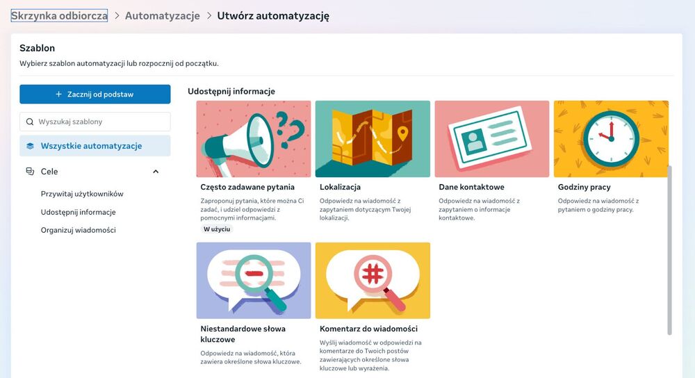 Dostępne automatyzacje dla Messengera w Meta Business Suite.