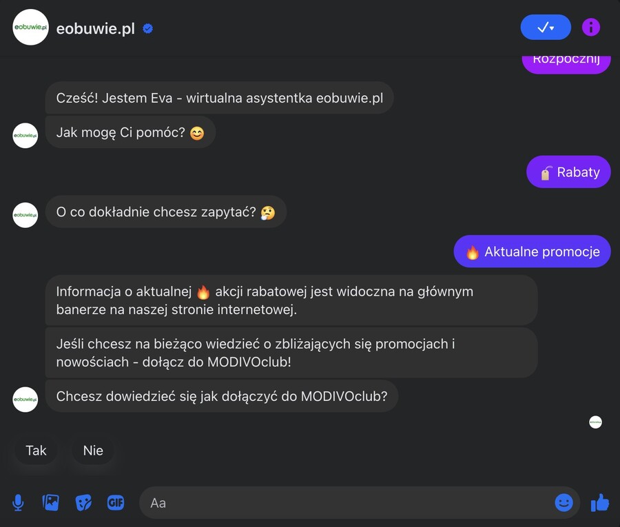 Przykładowa konwersacja z chatbotem eobuwie.