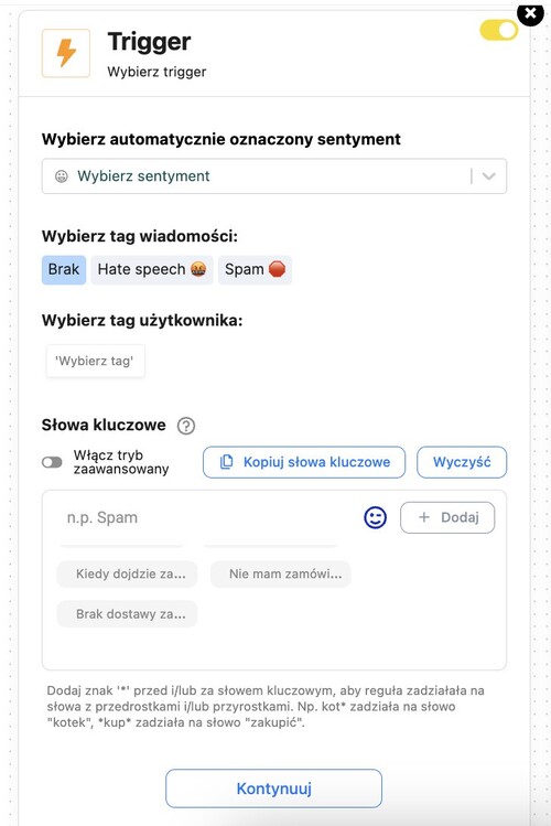 Sekcja "Trigger" w Auto-moderacji NapoleonCat.