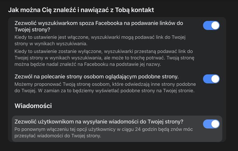 Ustawienia związane z możliwością kontaktowania się klientów z marką za pośrednictwem wiadomości prywatnych.