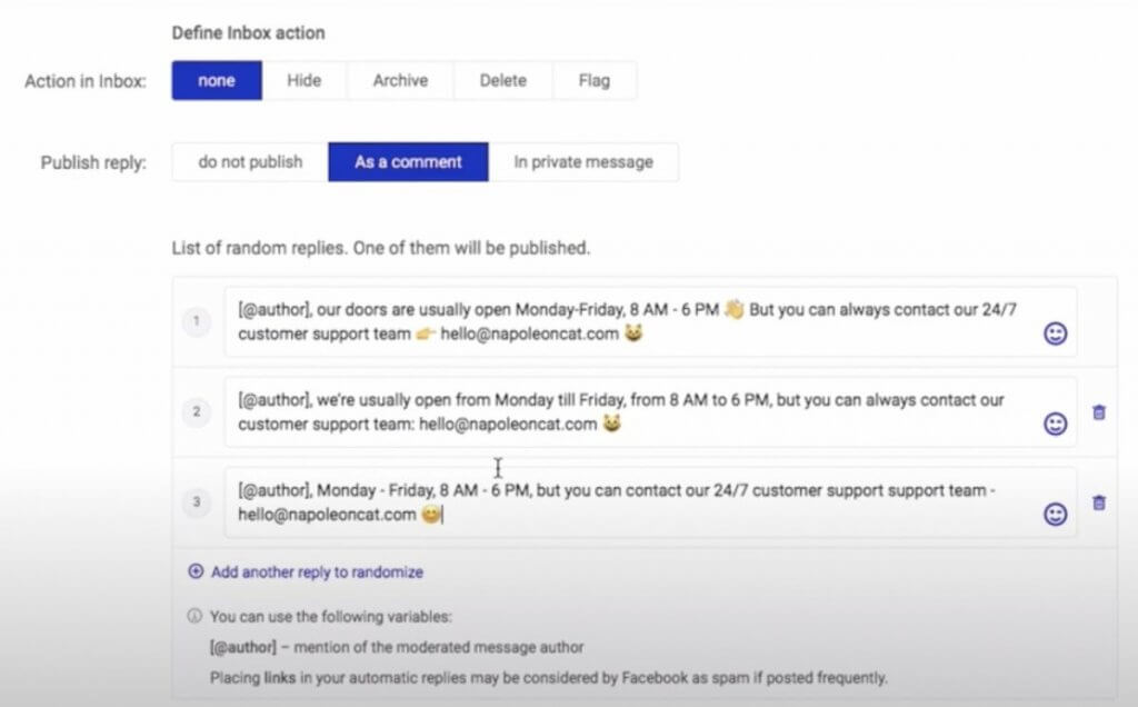 facebook moderation tool - define inbox action