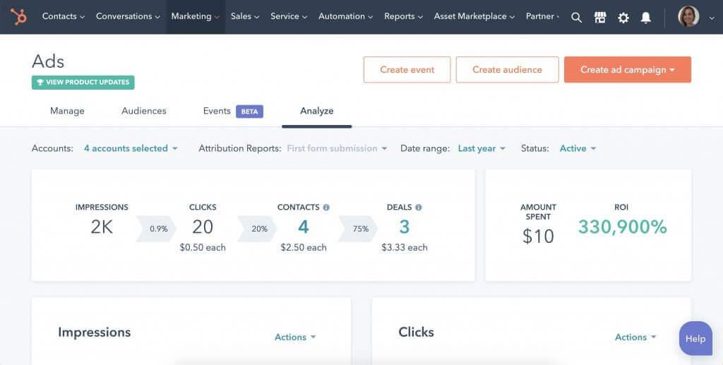 HubSpot's ads analytics tab