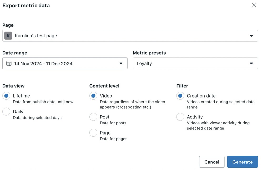 Facebook Analytics Tool - export metric data