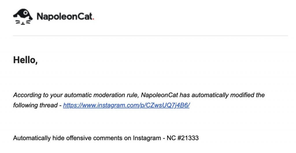 Instagram Automated Spam Block - Napoleoncat email notification