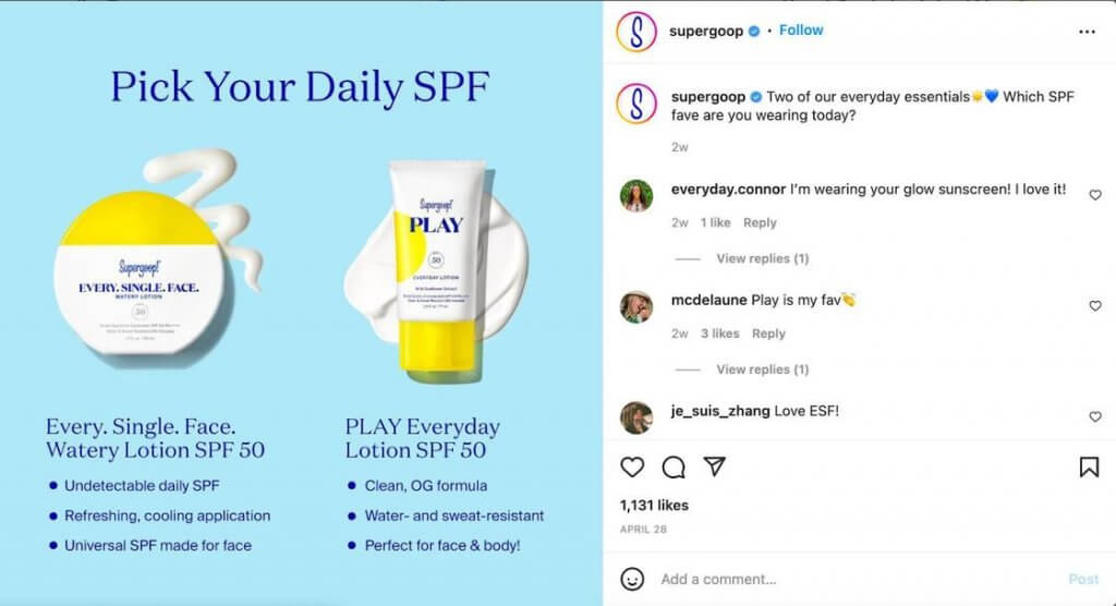 Beauty eCommerce - supergoop ig post