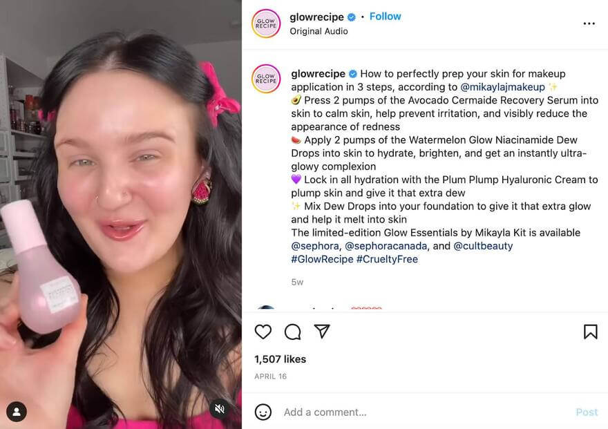 beauty community on social media - glowrecipe ig post
