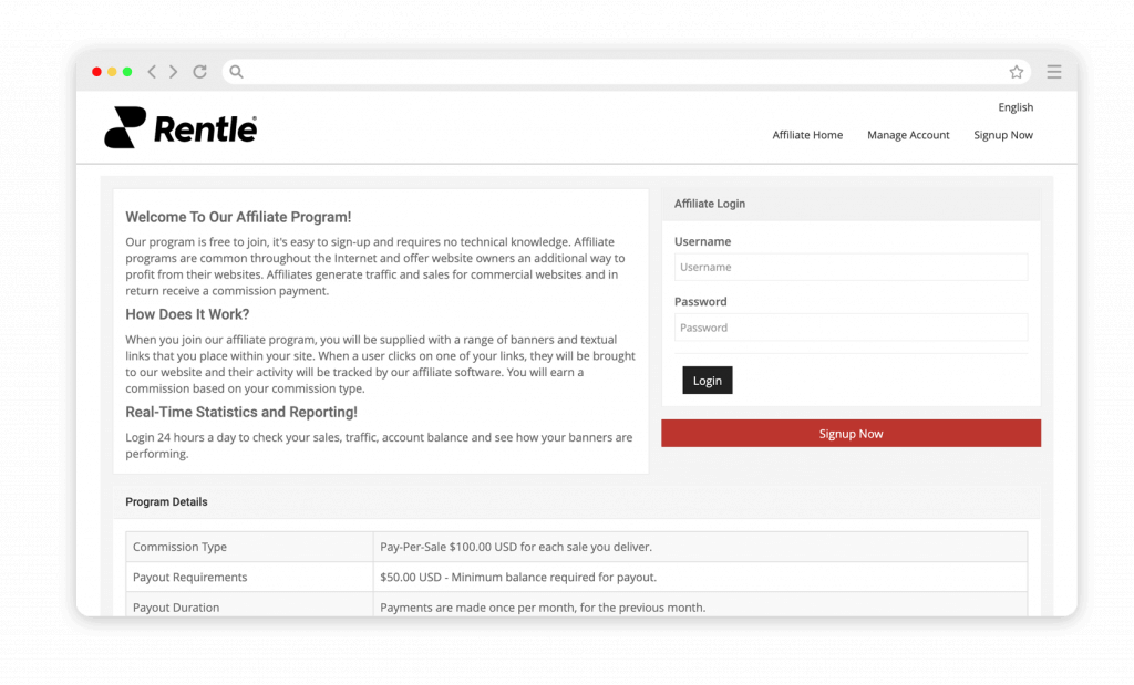screen browser with a web page of rentle affiliate program