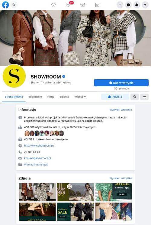 sprzedaż przez social media - showroom fb page