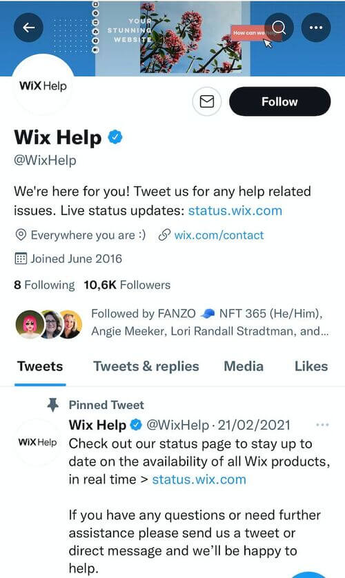 Social Media Customer Service - wix help profile