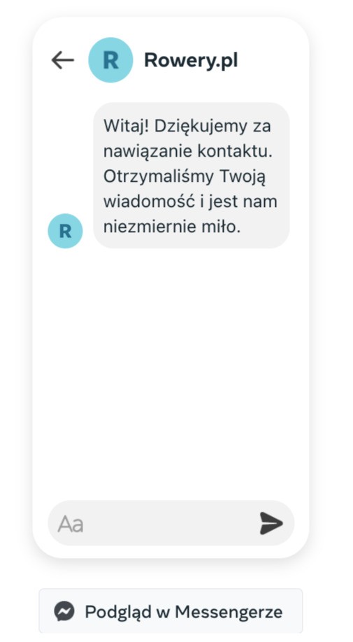 automatyczne odpowiedzi w komentarzach na facebooku - przykładowa automatyczna odpowiedź w Messengerze