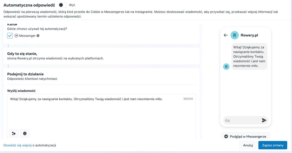 automatyczne odpowiedzi w komentarzach na facebooku - ustawianie automatycznej odpowiedzi w Facebook Messenger