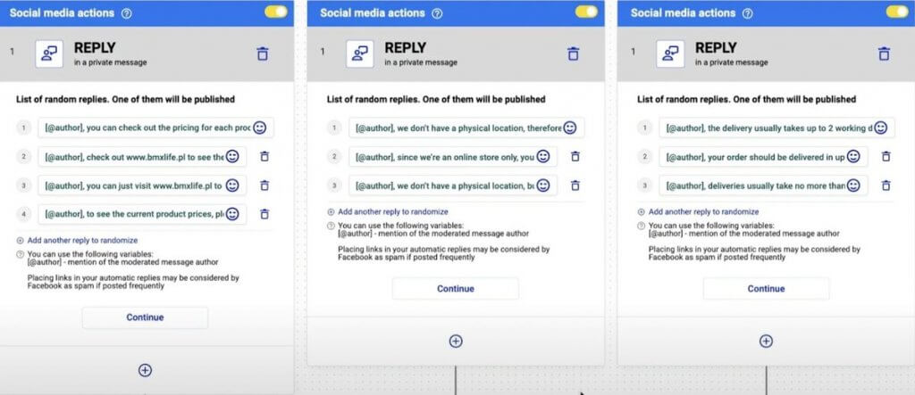 facebook comment moderation tool - adding multiple versions of auto-replies