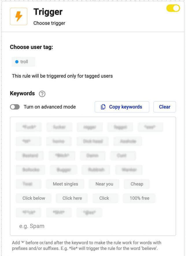 Instagram automation - setting the triggers for automoderation rule